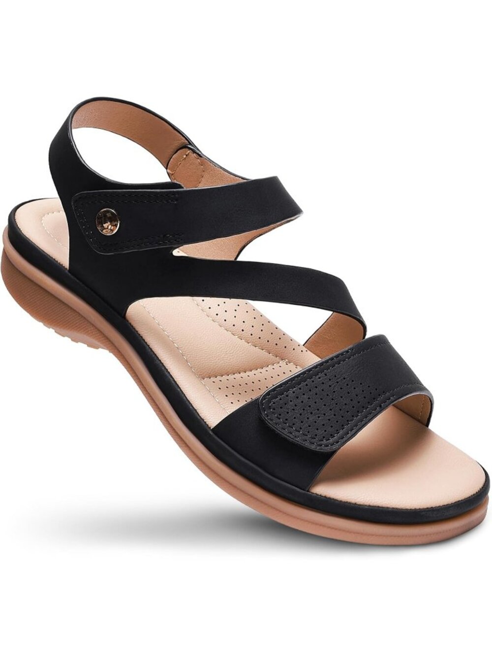 Women's Fashion Black Arch Support Comfortable Flats Adjustable Slip On Sandals